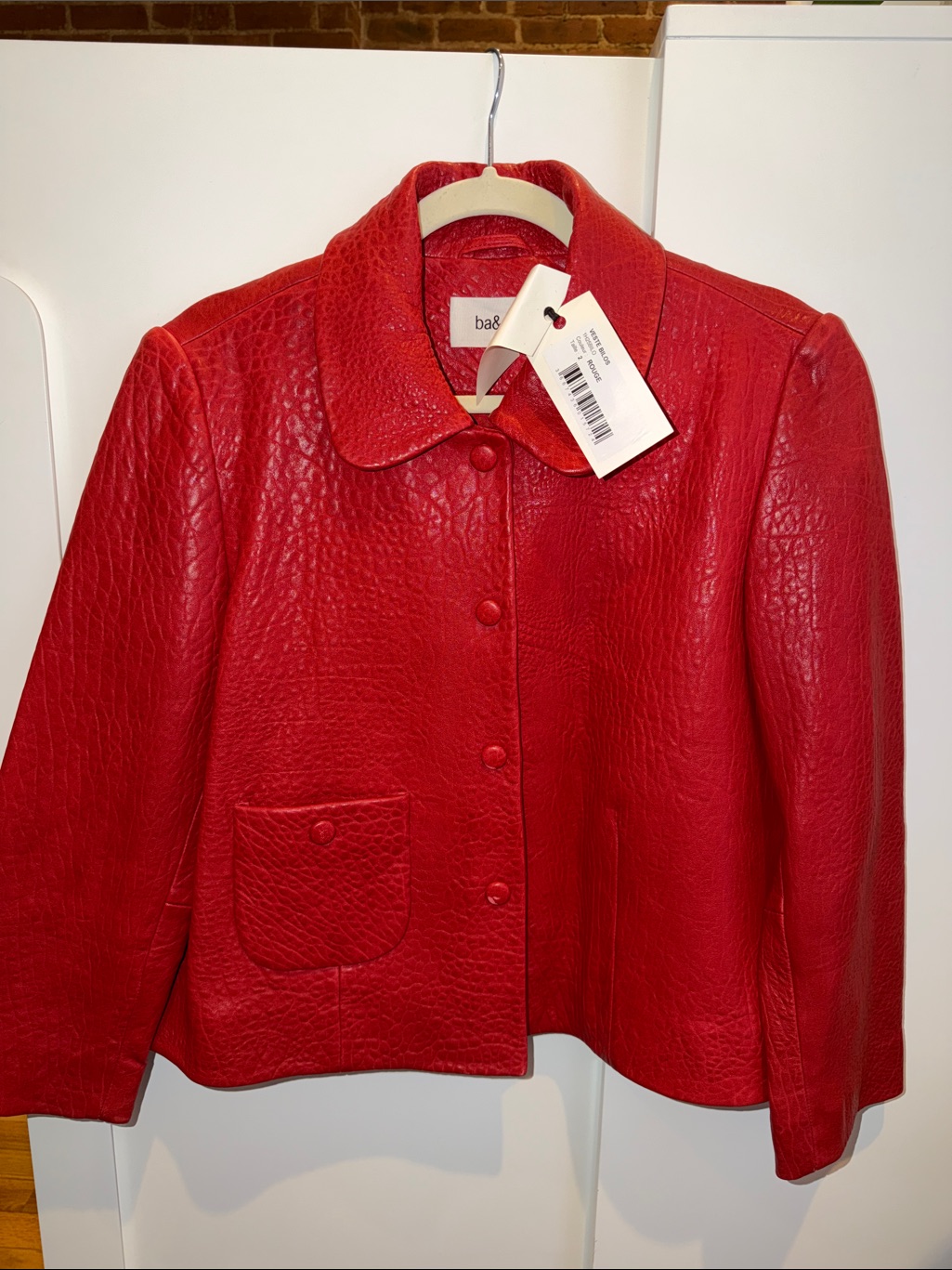 Ba&Sh Vibrant Red Textured Leather Button Jacket